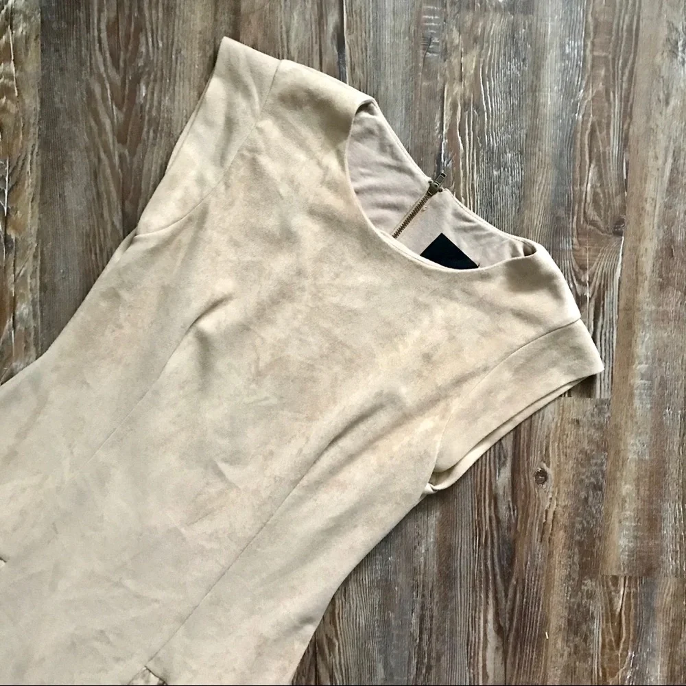 Greylin Nude Faux Suede Saulina Neutral Short Sleeve Minimalist Dress - Picture 2 of 5